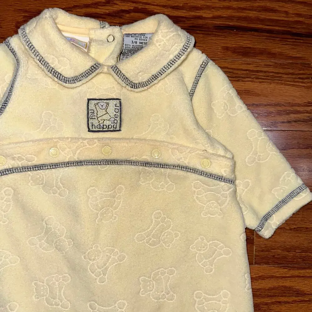 Vintage 90s McBaby Yellow Terry Teddy Bear One Piece Footie Jumpsuit Size 3/6M